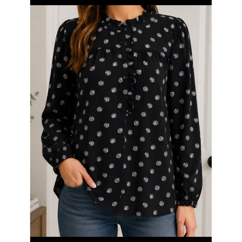 LOFT Black/White Floral Band Collar Long Sleeve Ruffle Button Front Blouse M
